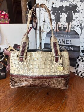 Brahmin Tri-Texture Croc Embossed Leather Satchel - Toasted Almond / Maroon